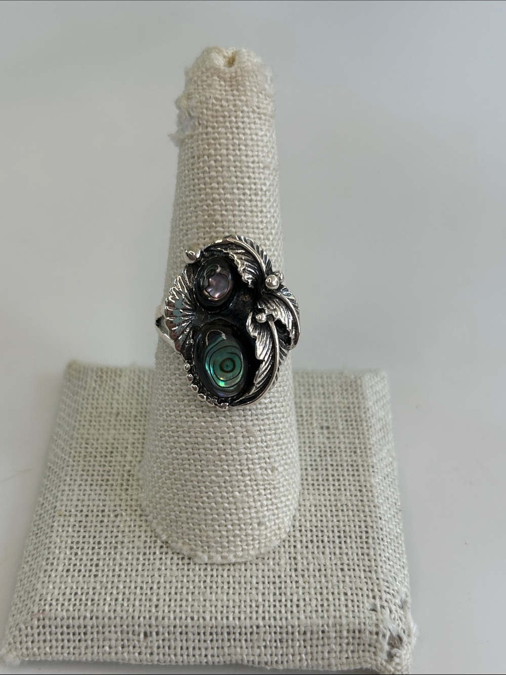 Sterling Silver Abalone Shell Statement Ring Leaf Motif Size 7.5
